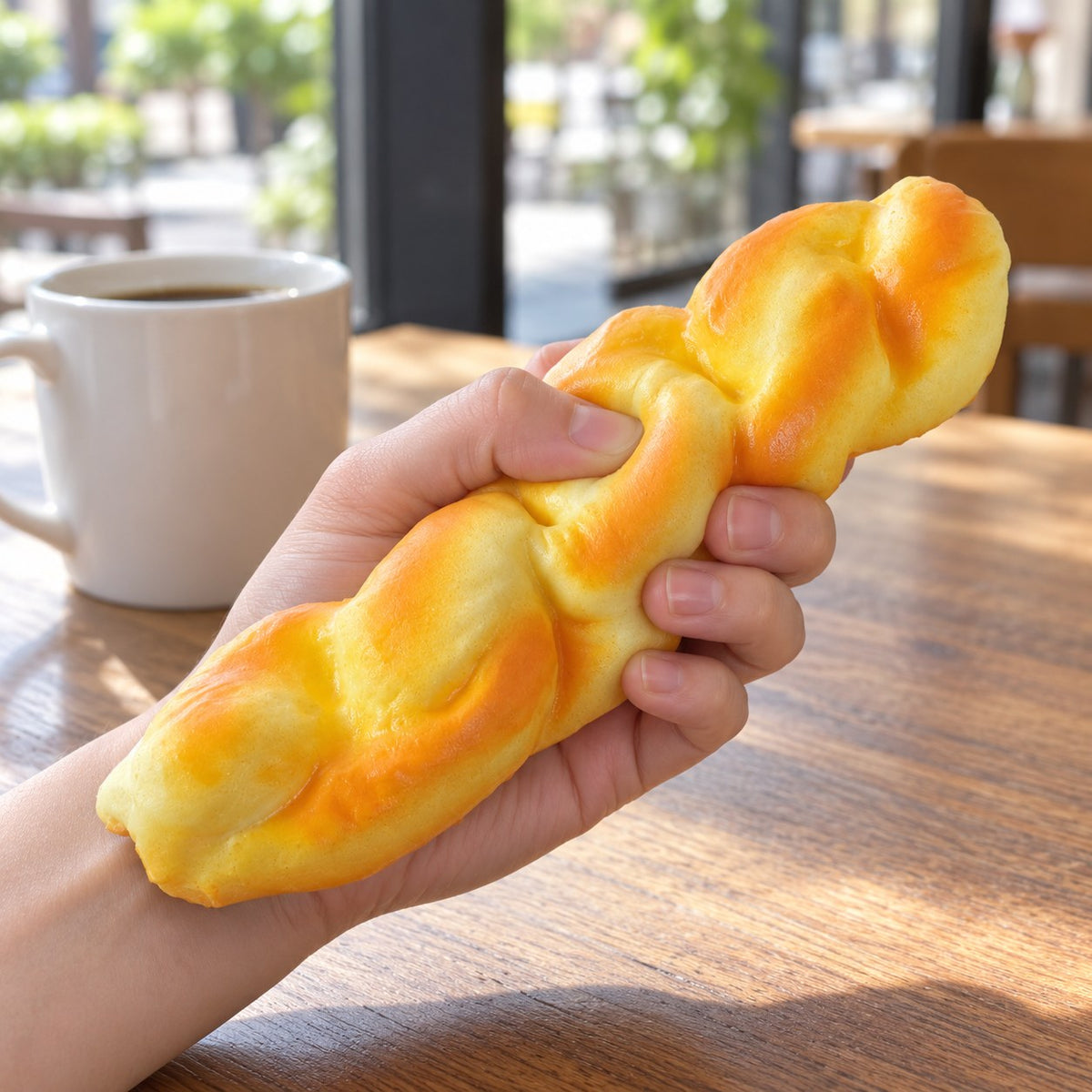 Twisted Bread Squishy, 20 cm Stick, being squeezed by hand, soft and squishy