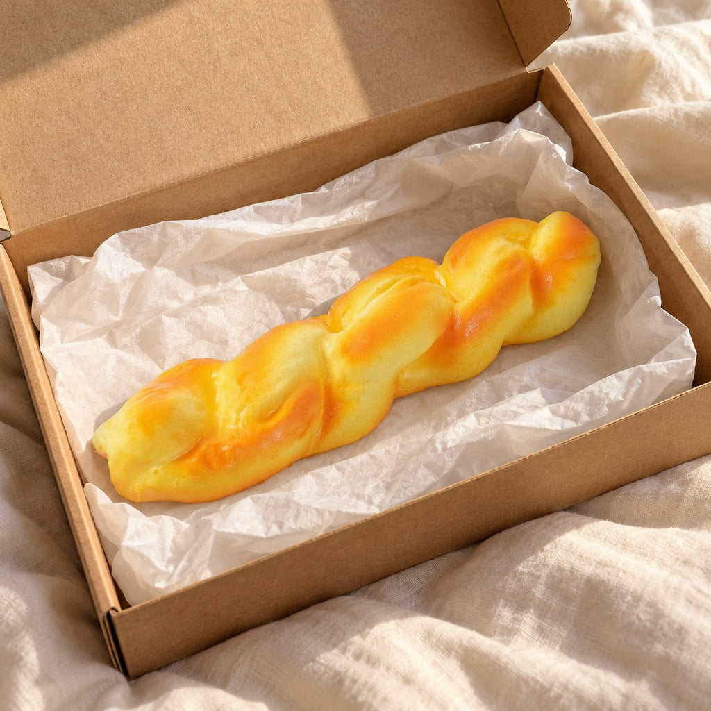 Bread stick squishy slow rising, unboxed from a parcel with tissue paper
