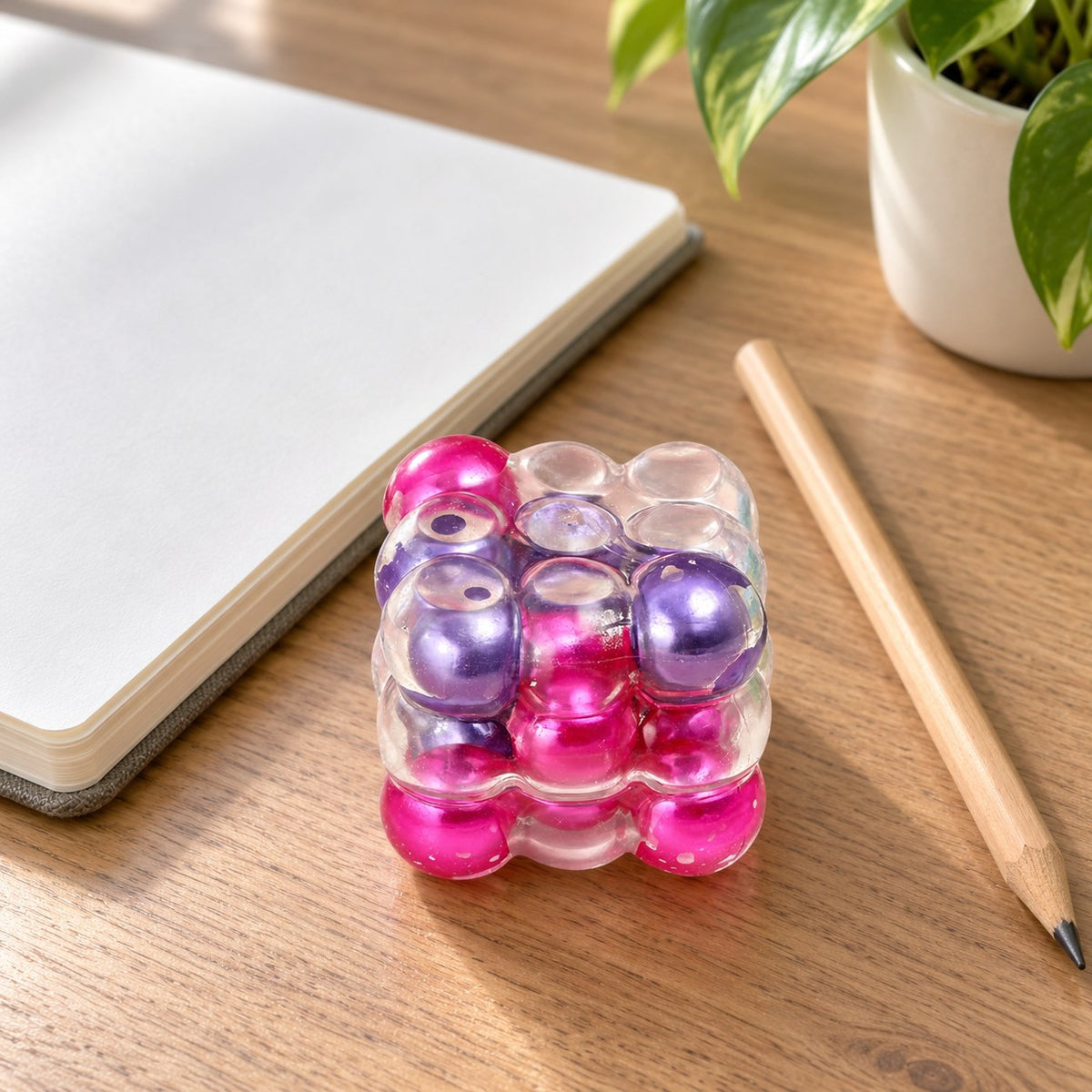 Bubble cube squishy jelly (Purple-red mix), on a desk with a notebook and pencil