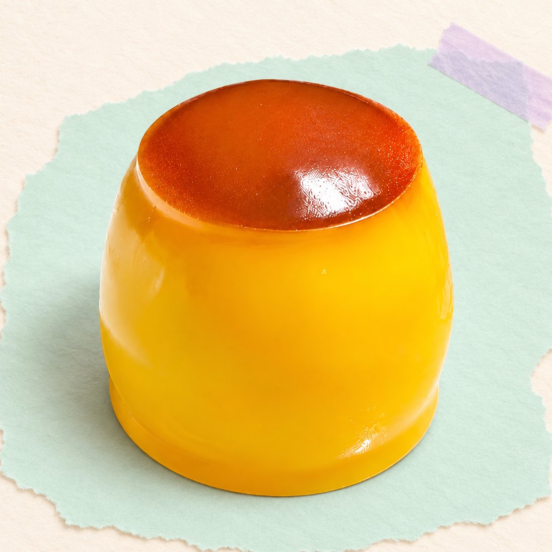 Budding-squishy med karameltop, produktfoto på pastelfarvet papir