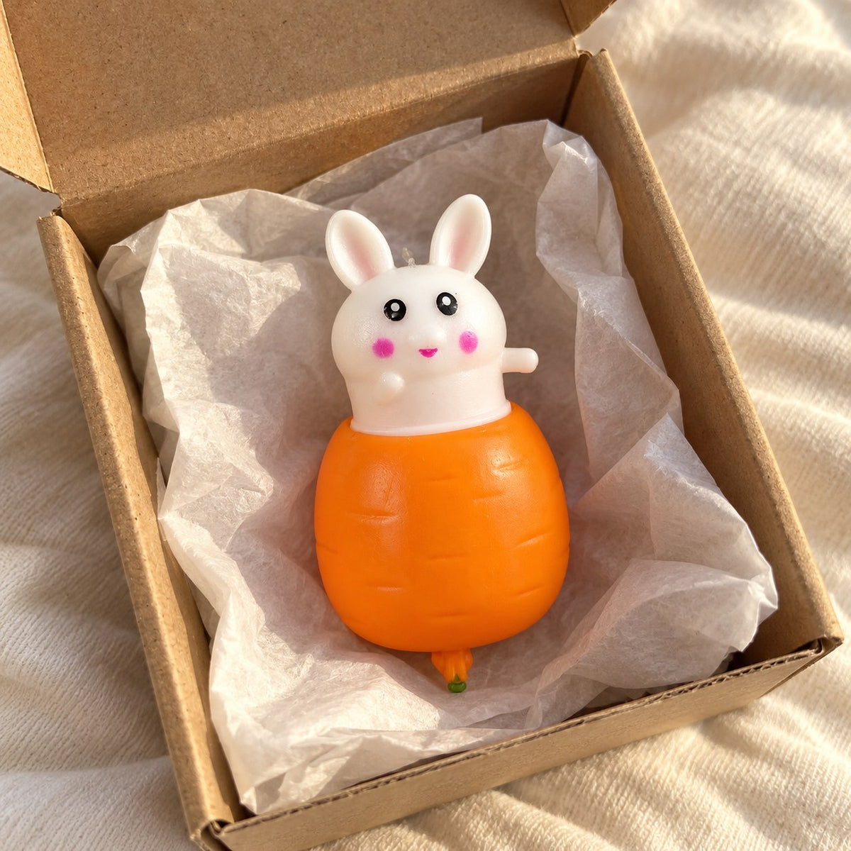 Bunny squishy soft, unboxed from a parcel with tissue paper