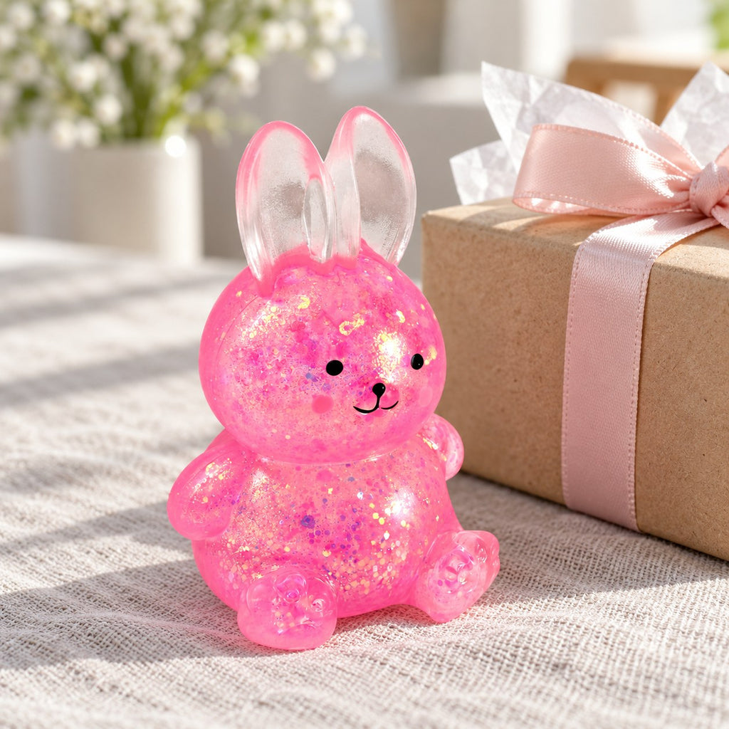 Squishy lapin à paillettes, style sugar, en petit cadeau à côté d'une boîte emballée