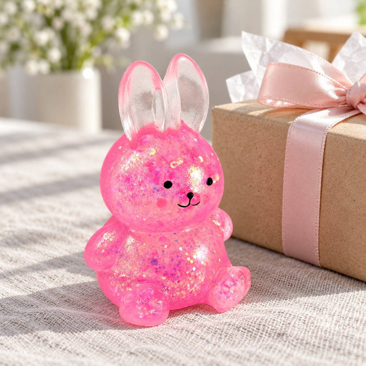 Squishy lapin à paillettes, style sugar, en petit cadeau à côté d'une boîte emballée