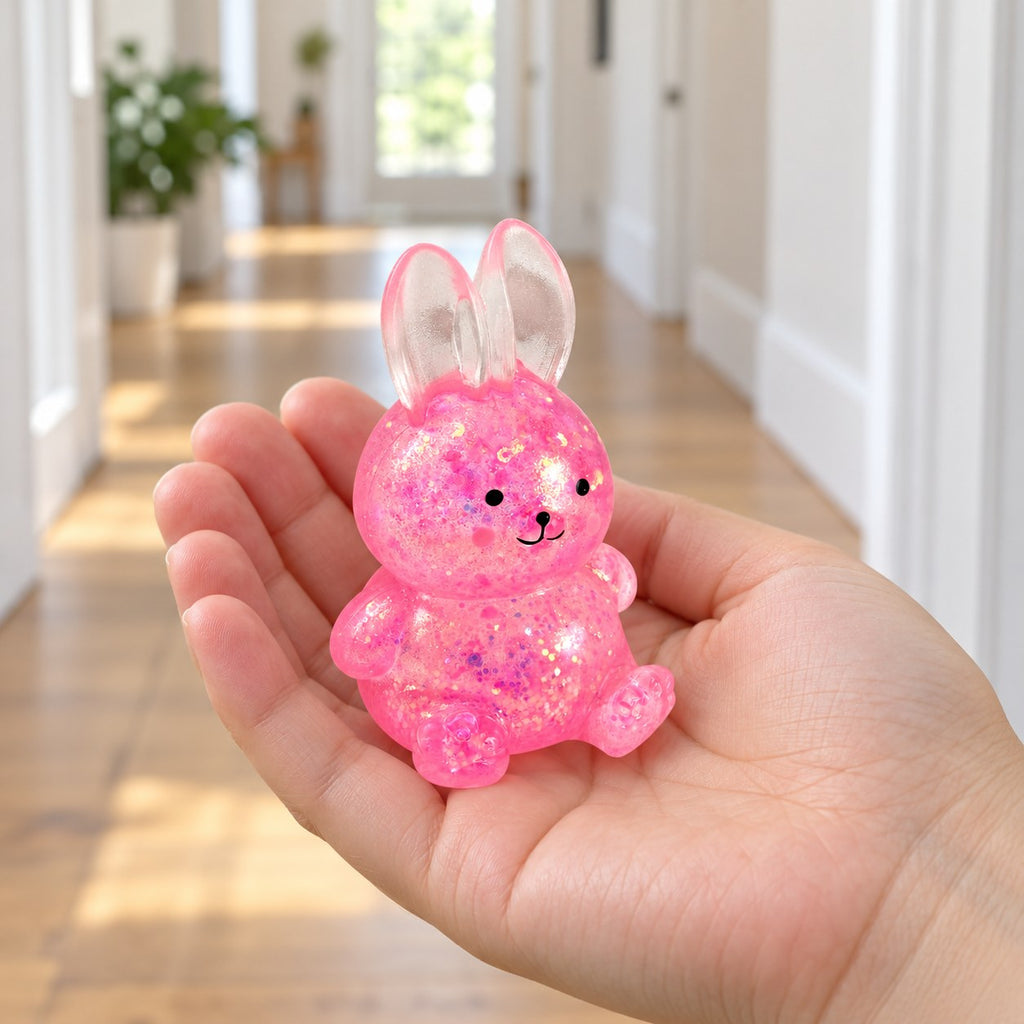 Squishy lapin à paillettes, style sugar, tenu dans la main pour montrer sa vraie taille
