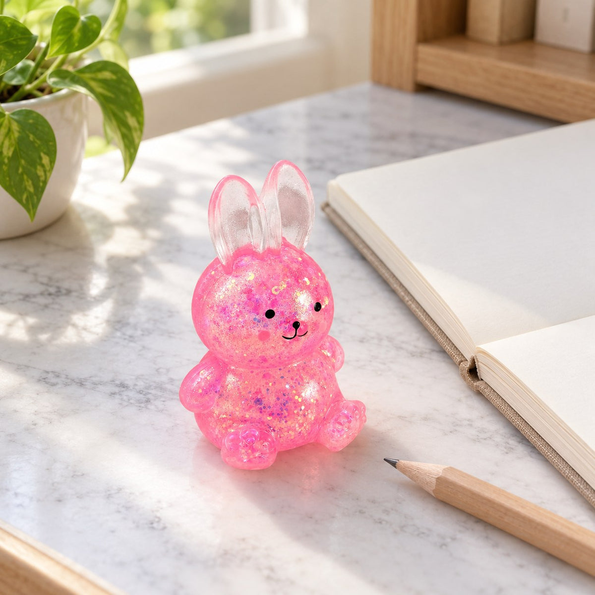 Squishy lapin à paillettes, style sugar, sur un bureau avec un carnet et un crayon