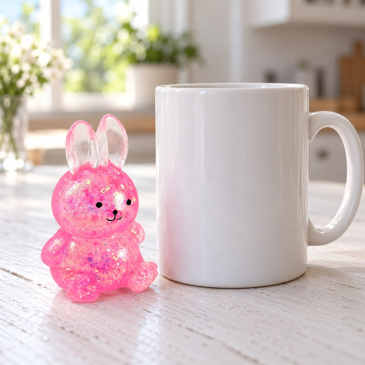 Squishy lapin à paillettes, style sugar, à côté d'une tasse à café pour comparer la taille