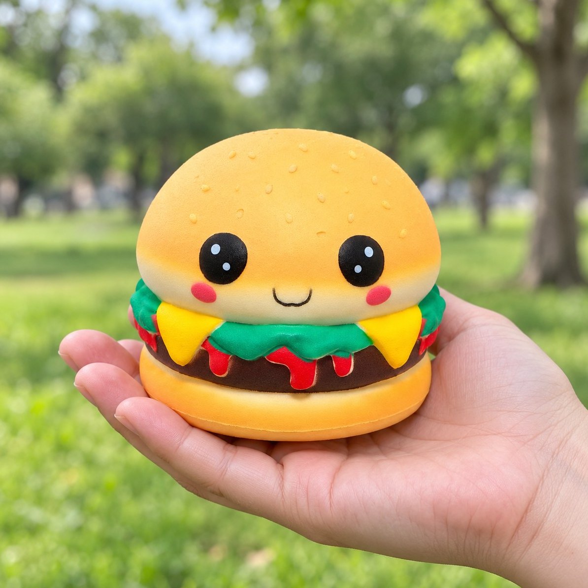 Burger squishy med duft holdt i hånden, så man ser den rigtige størrelse