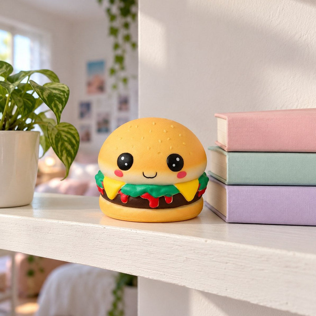 Som pynt på reolen med bøger og en plante: burger squishy med duft