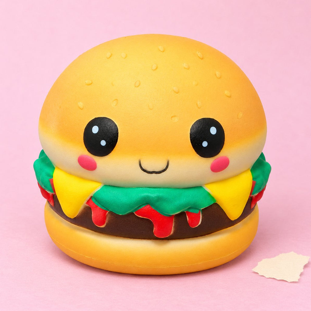 Kawaii burger squishy med ansigt og duft, slow rising, på pastelpapir