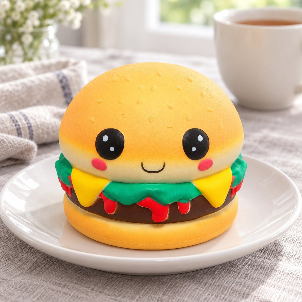 På morgenbordet ligger kawaii burger squishy på en tallerken