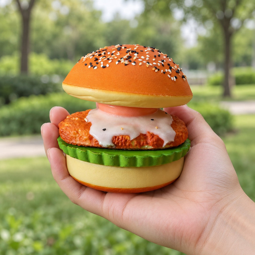 Burger Squishy with Fried Egg, Take Apart, Slow Rising, held in a hand to show the real size