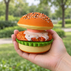 Burger Squishy with Fried Egg, Take Apart, Slow Rising, held in a hand to show the real size