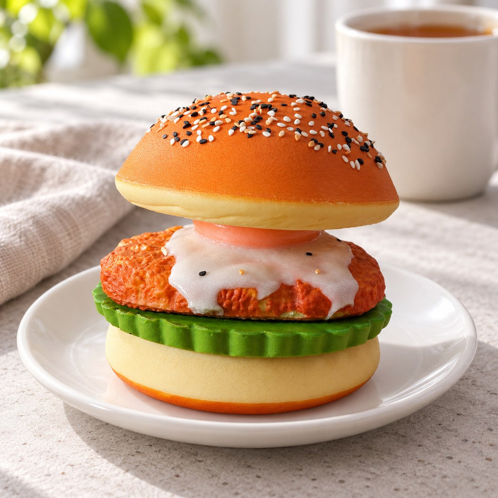 Burger Squishy with Fried Egg, Take Apart, Slow Rising, on a plate on a breakfast table