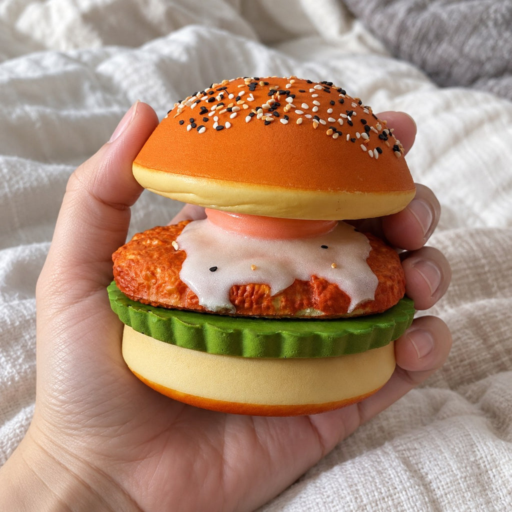 Burger Squishy with Fried Egg, Take Apart, Slow Rising, held toward the camera, first-person view