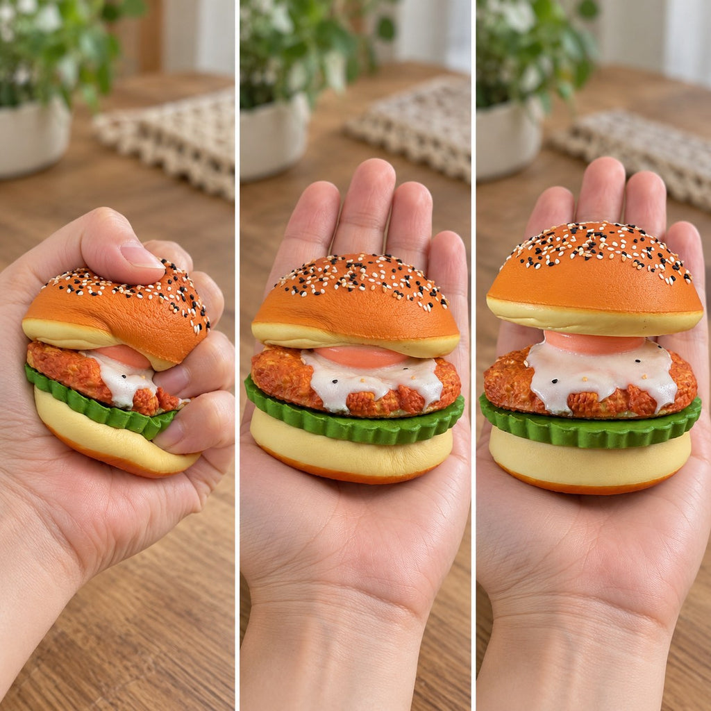 Burger Squishy with Fried Egg, Take Apart, Slow Rising, squished flat, half risen and fully back in shape