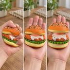 Burger Squishy with Fried Egg, Take Apart, Slow Rising, squished flat, half risen and fully back in shape