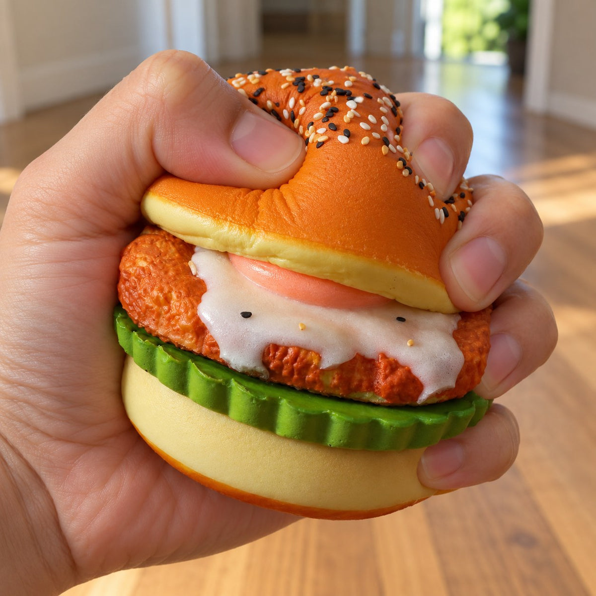 Burger Squishy with Fried Egg, Take Apart, Slow Rising, being squeezed by hand, soft and squishy