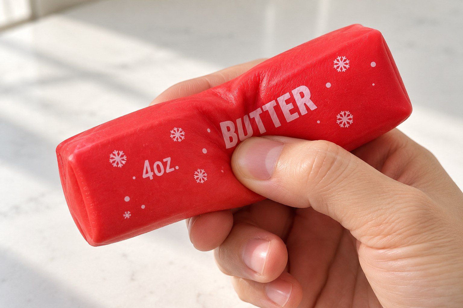 Thumb pressing a soft dent into a red butter stick squishy on a white table