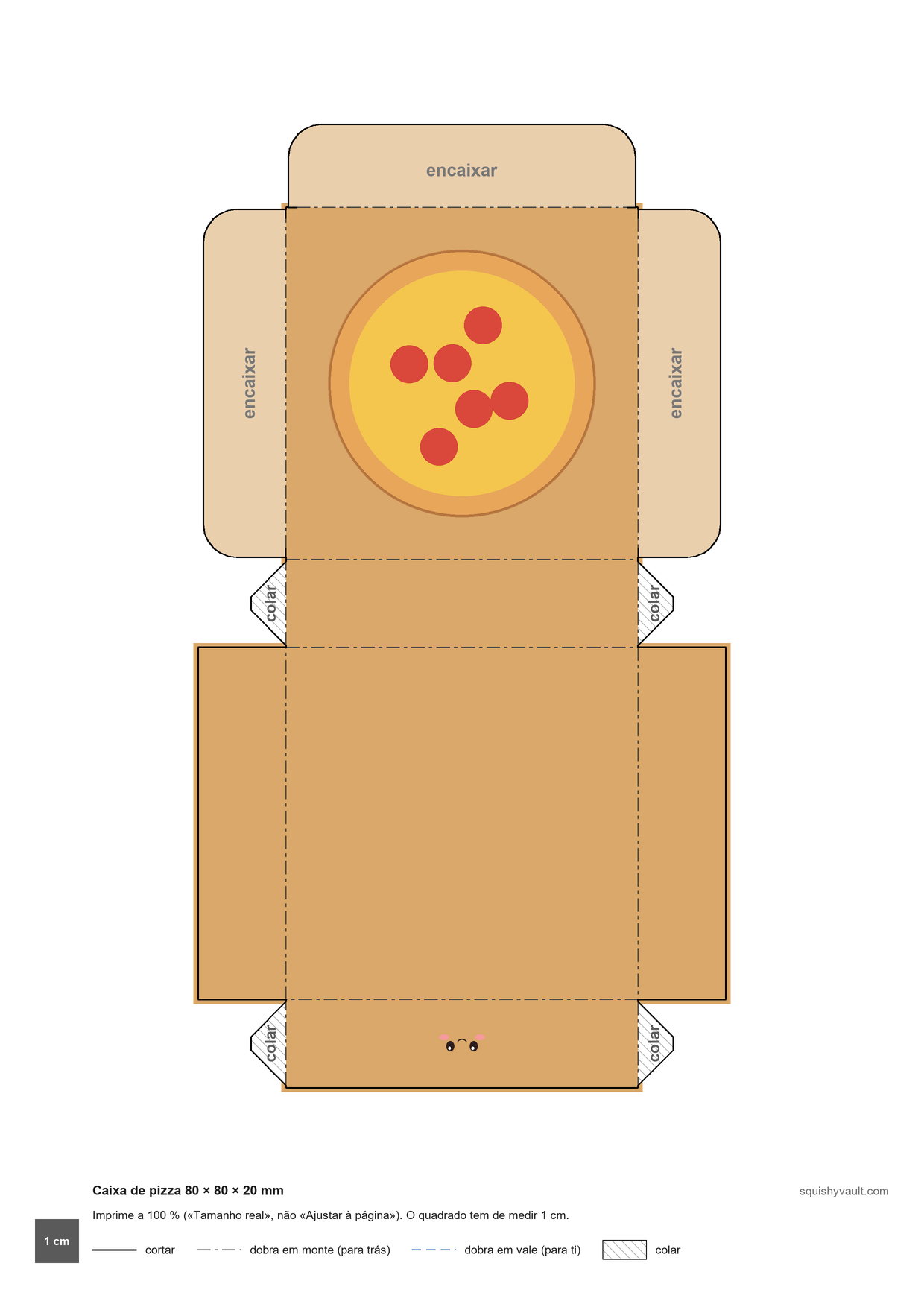 Squishy para imprimir e montar, molde de caixa de pizza que abre, com uma pizza na tampa