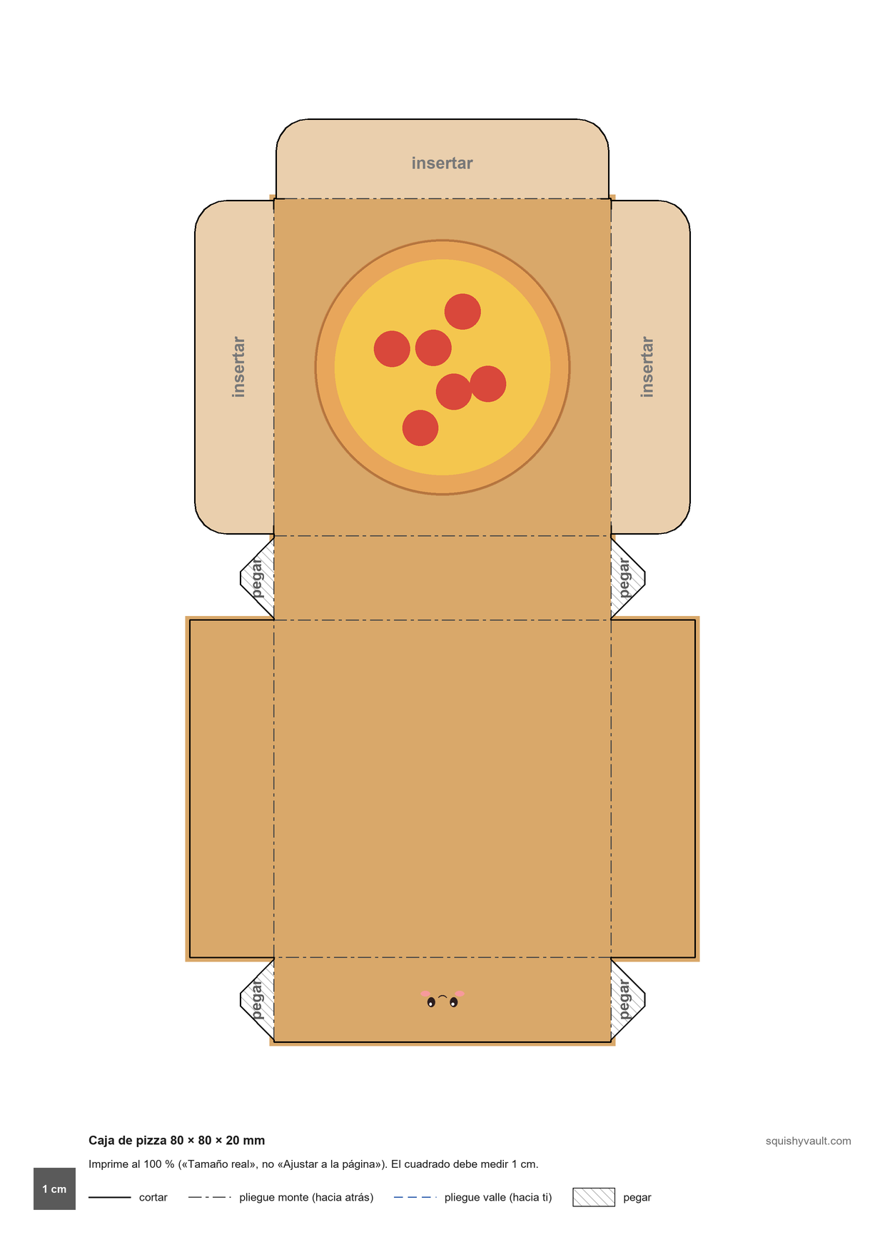 Squishies para armar y imprimir, plantilla de caja de pizza con tapa que se abre y una pizza dibujada
