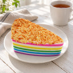 Jumbo Rainbow Cake Squishy, Layer Slice 15 cm (Golden crumbs), on a plate on a breakfast table