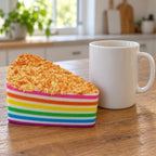 Jumbo Rainbow Cake Squishy, Layer Slice 15 cm (Golden crumbs), next to a coffee mug for size comparison