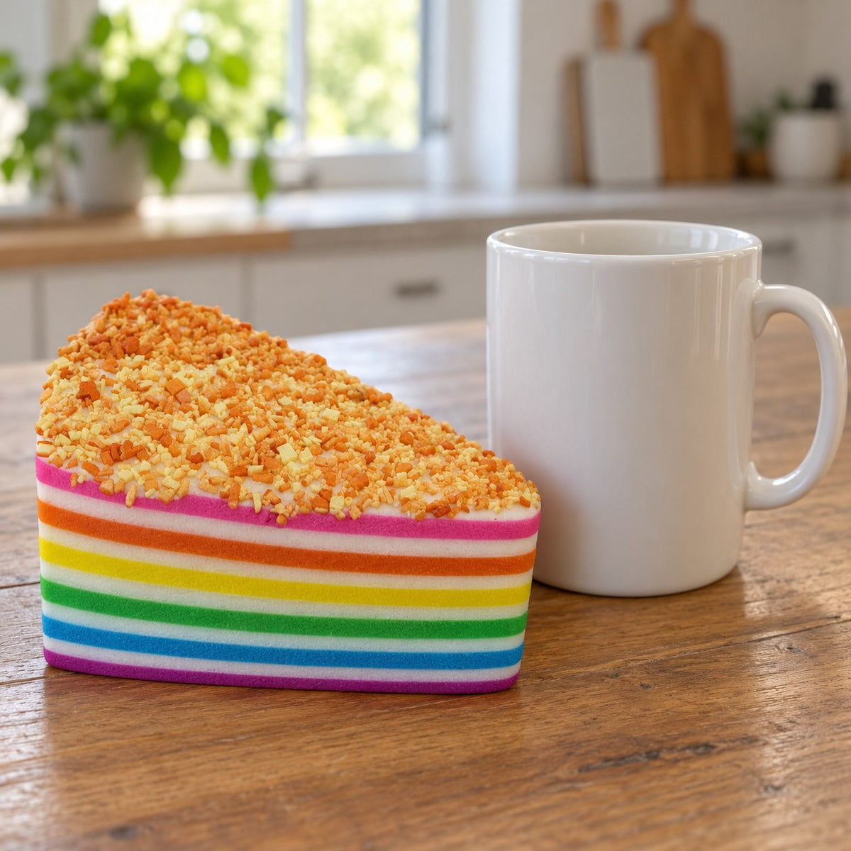 Jumbo Rainbow Cake Squishy, Layer Slice 15 cm (Golden crumbs), next to a coffee mug for size comparison
