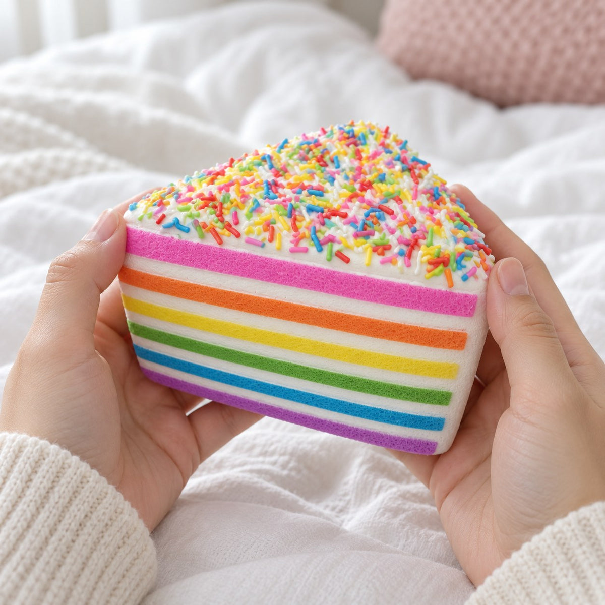 Jumbo Rainbow Cake Squishy, Layer Slice 15 cm (Rainbow sprinkles), held in both hands to show the big size
