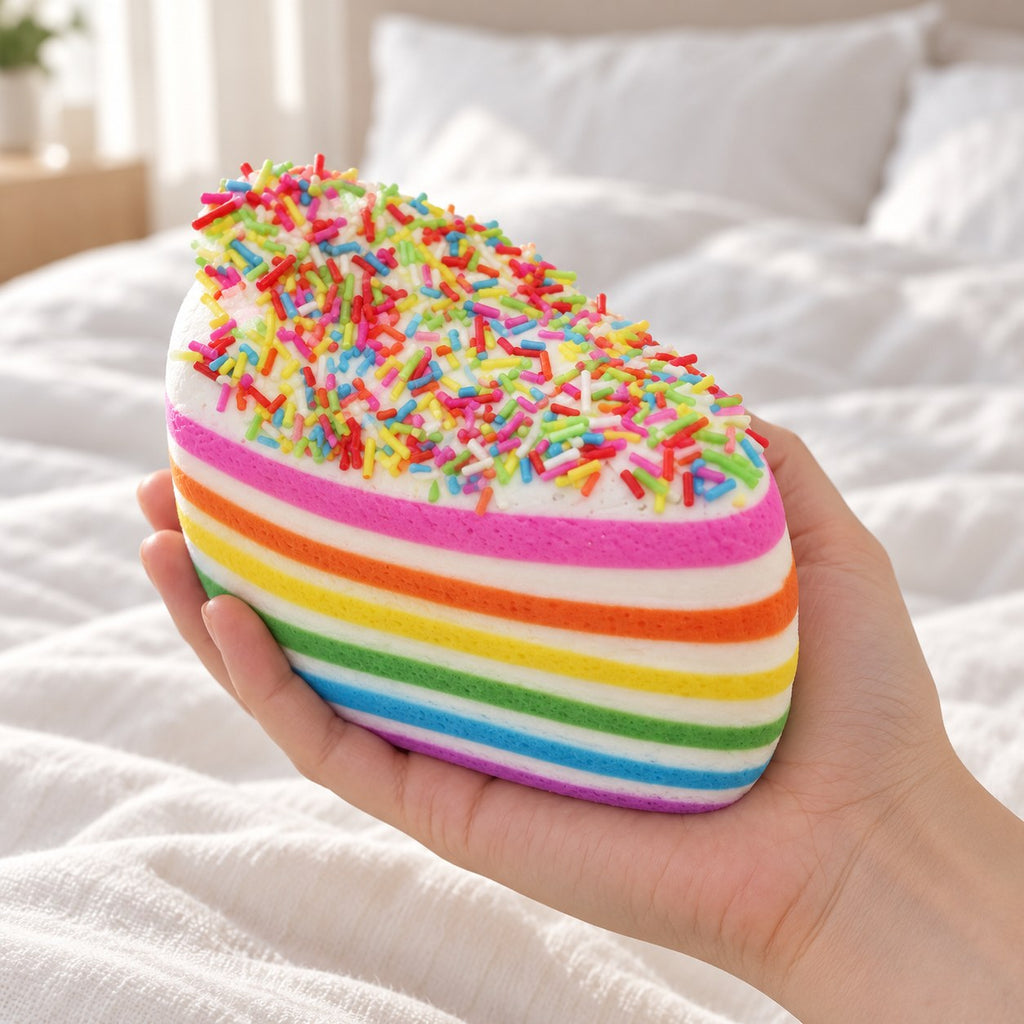 Jumbo Rainbow Cake Squishy, Layer Slice 15 cm (Rainbow sprinkles), held in a hand to show the real size