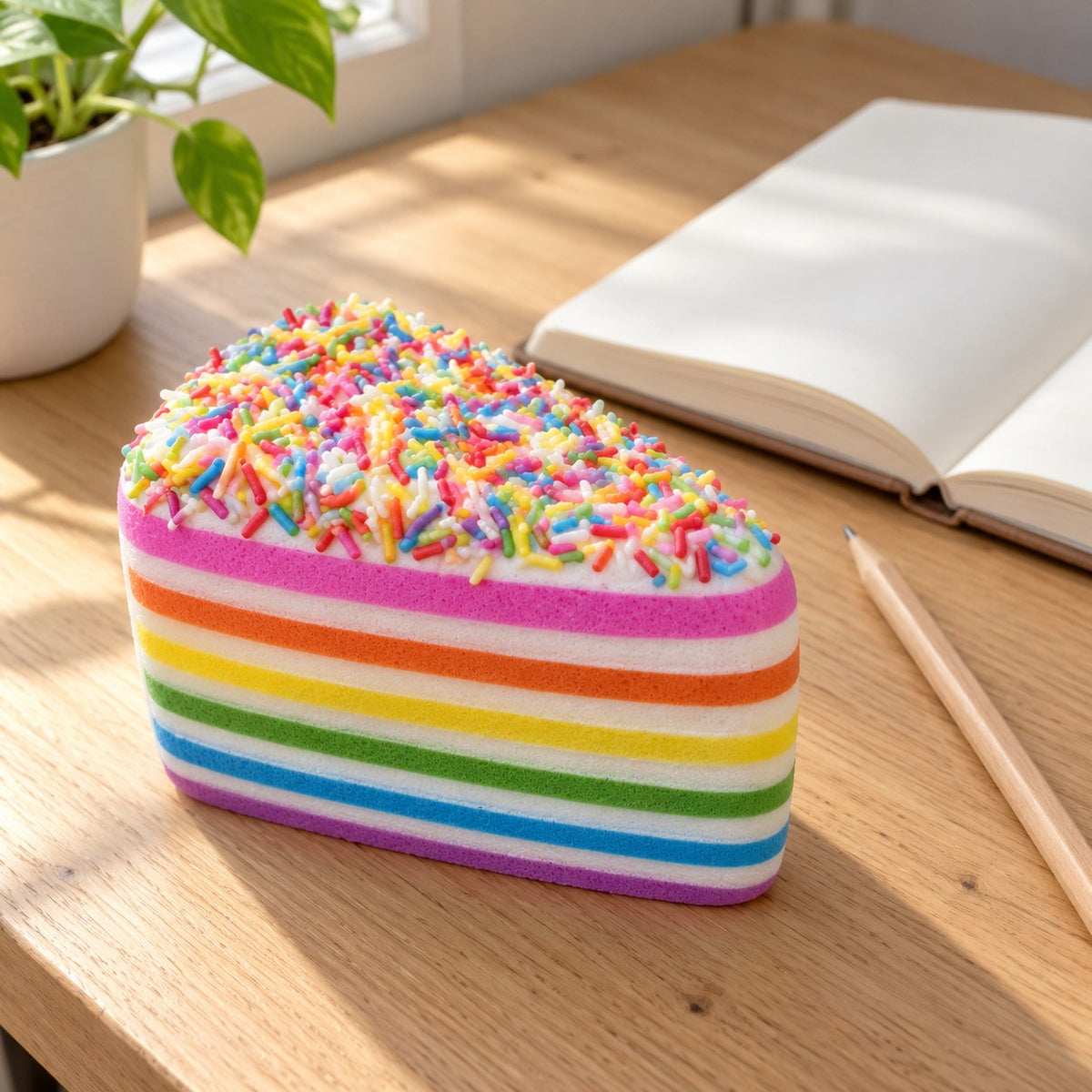 Jumbo Rainbow Cake Squishy, Layer Slice 15 cm (Rainbow sprinkles), on a desk with a notebook and pencil