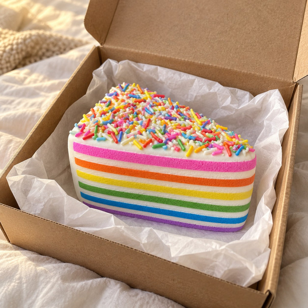 Jumbo Rainbow Cake Squishy, Layer Slice 15 cm (Rainbow sprinkles), unboxed from a parcel with tissue paper