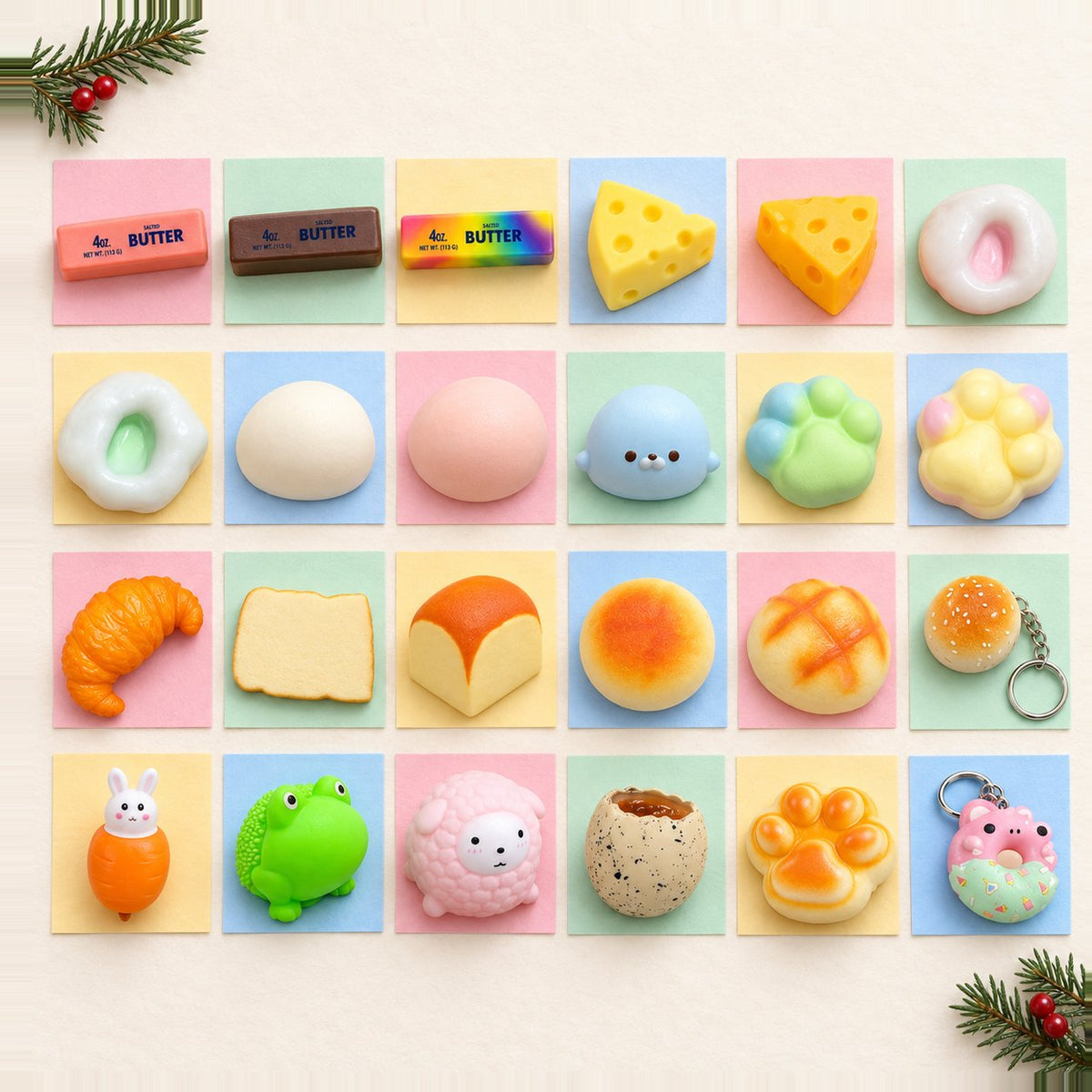 Calendario de adviento squishy para rellenar: 24 squishies distintos en filas como casillas sobre papel pastel
