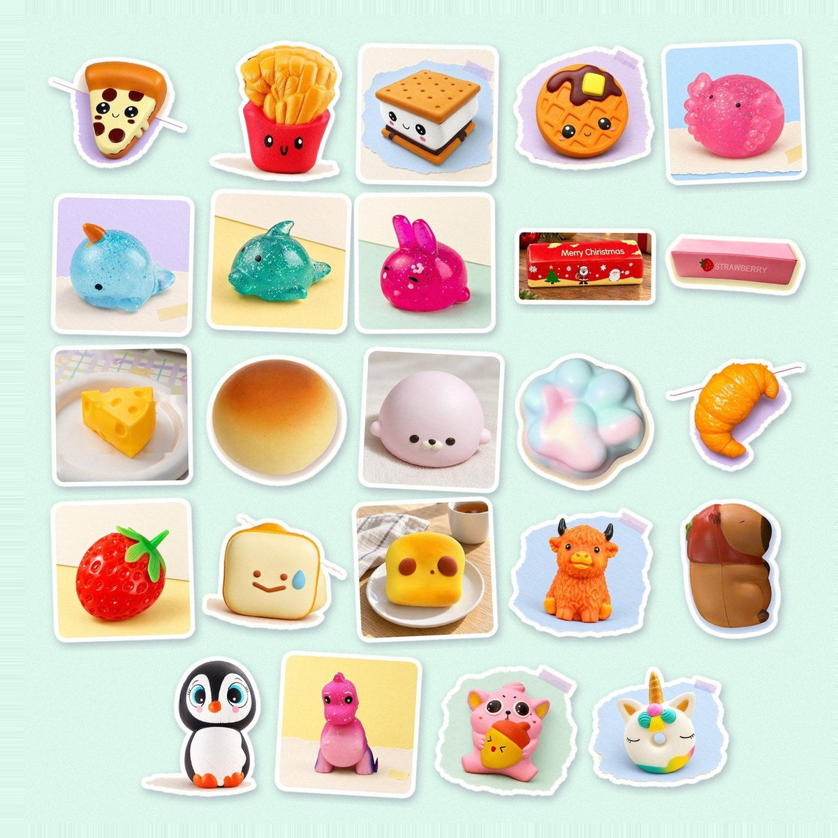 Calendario de adviento squishy premium: squishies jumbo de comida y mochis con purpurina