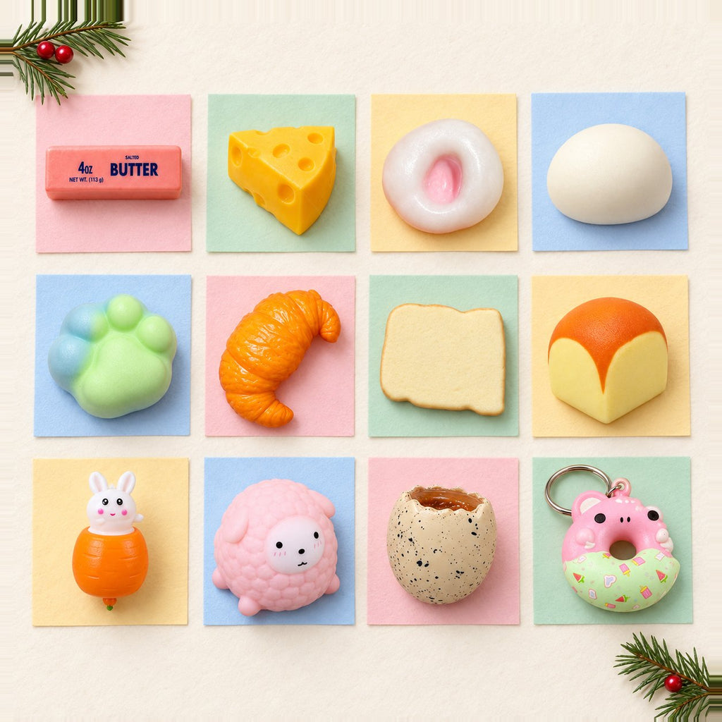 Calendario dell'avvento squishy da riempire: 12 squishy diversi in file come finestrelle su carta pastello