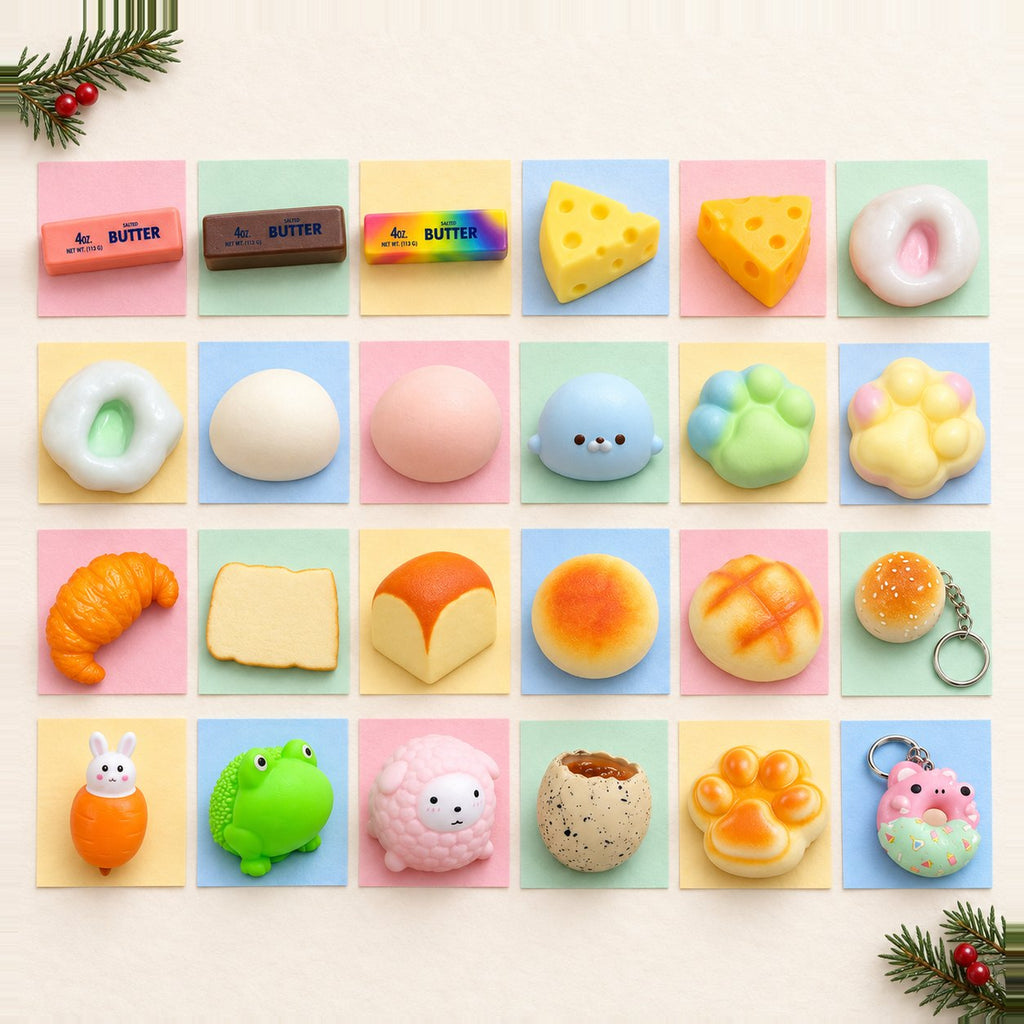 Calendario dell'avvento squishy da riempire: 24 squishy diversi in file come finestrelle su carta pastello