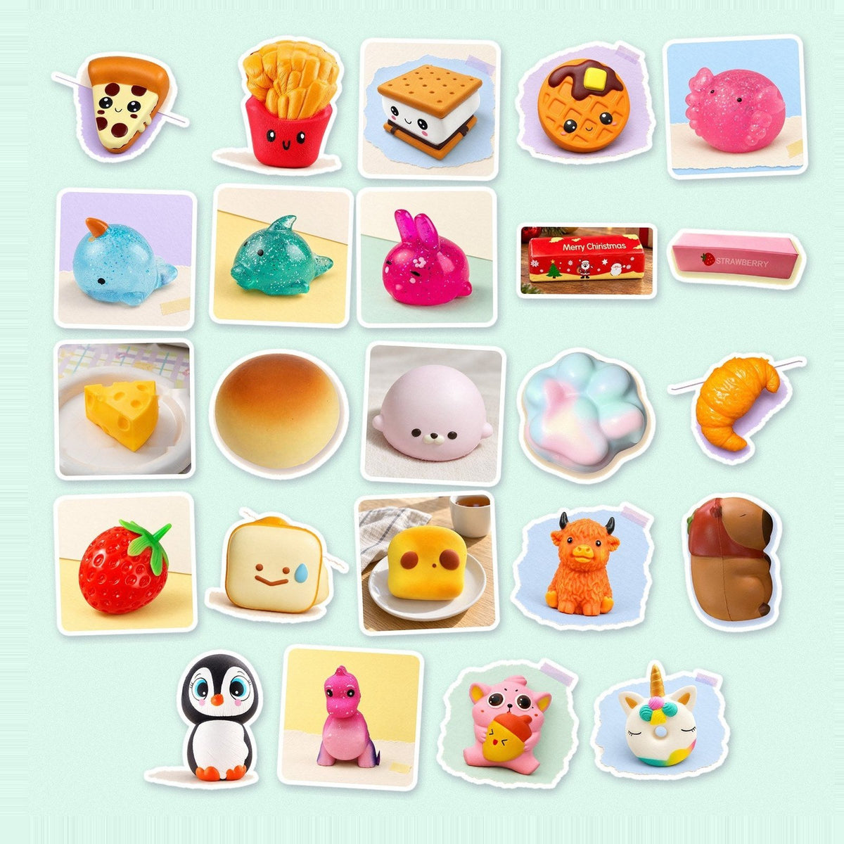 Calendário do advento de squishies premium: squishies jumbo de comida e mochi com brilhantes
