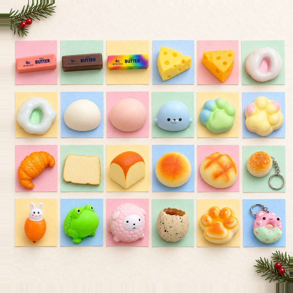 Calendário do advento squishy para encher: 24 squishies diferentes em filas como janelas sobre papel pastel