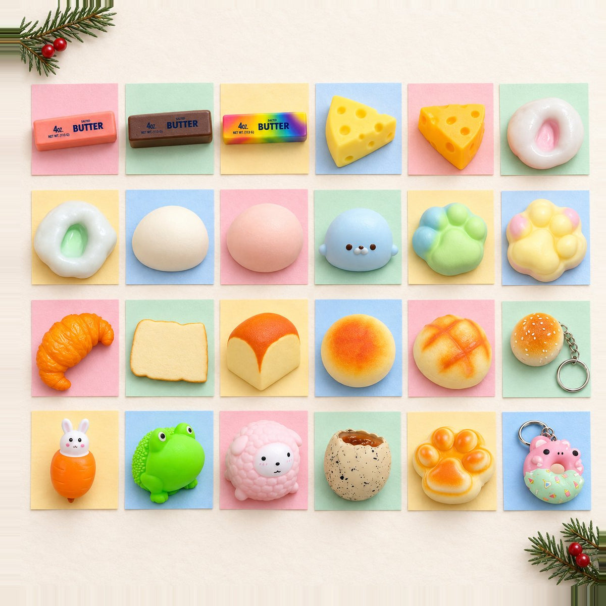 Calendário do advento squishy para encher: 24 squishies diferentes em filas como janelas sobre papel pastel