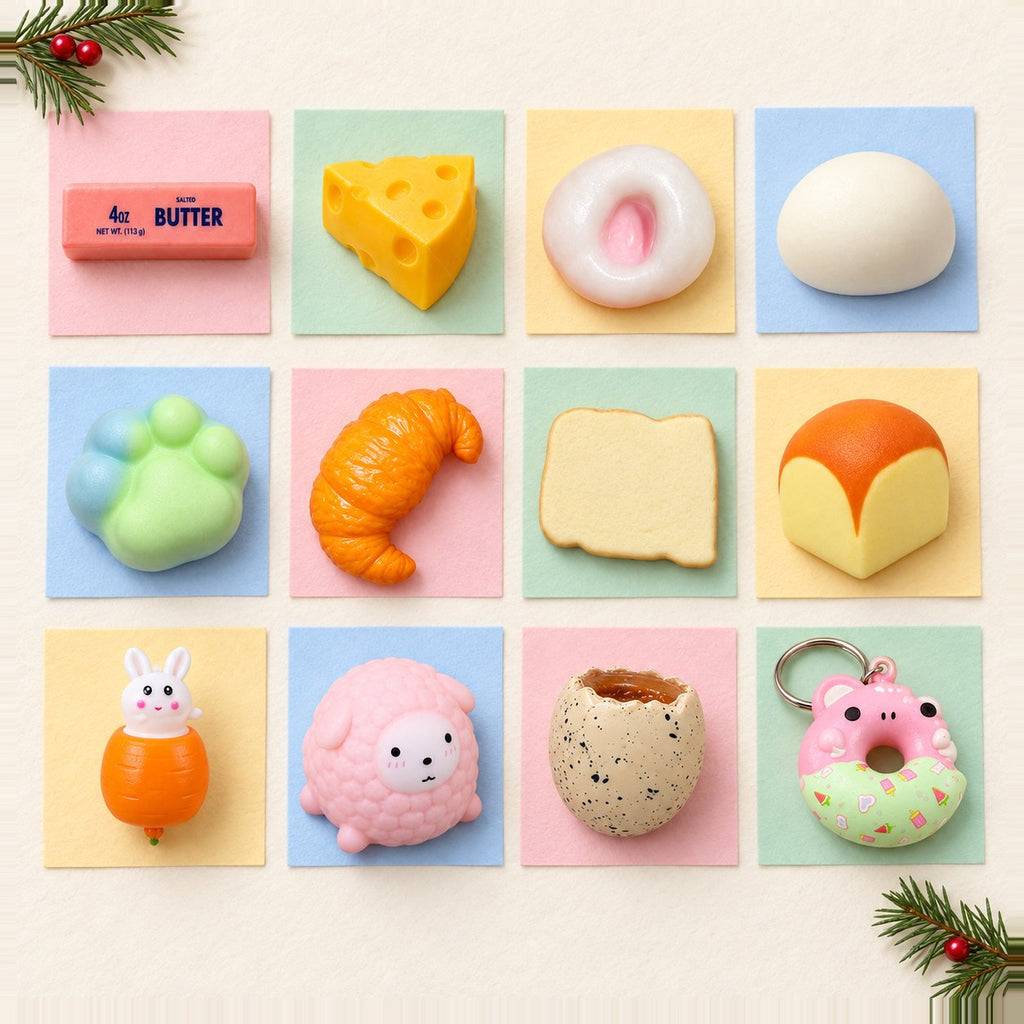 Calendrier de l'avent squishy à remplir : 12 squishies différents en rangées comme des cases sur papier pastel