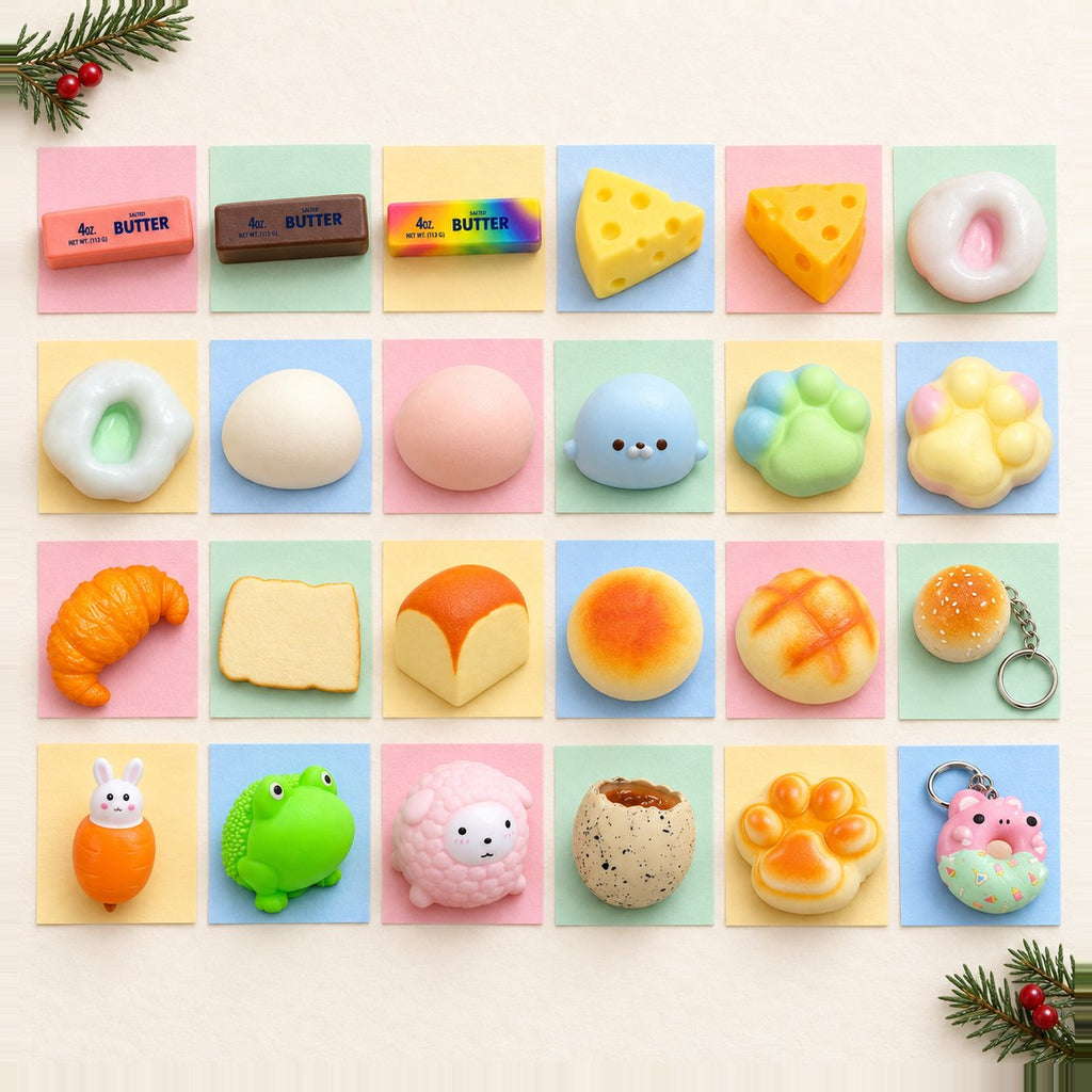 Calendrier de l'avent squishy à remplir : 24 squishies différents en rangées comme des cases sur papier pastel