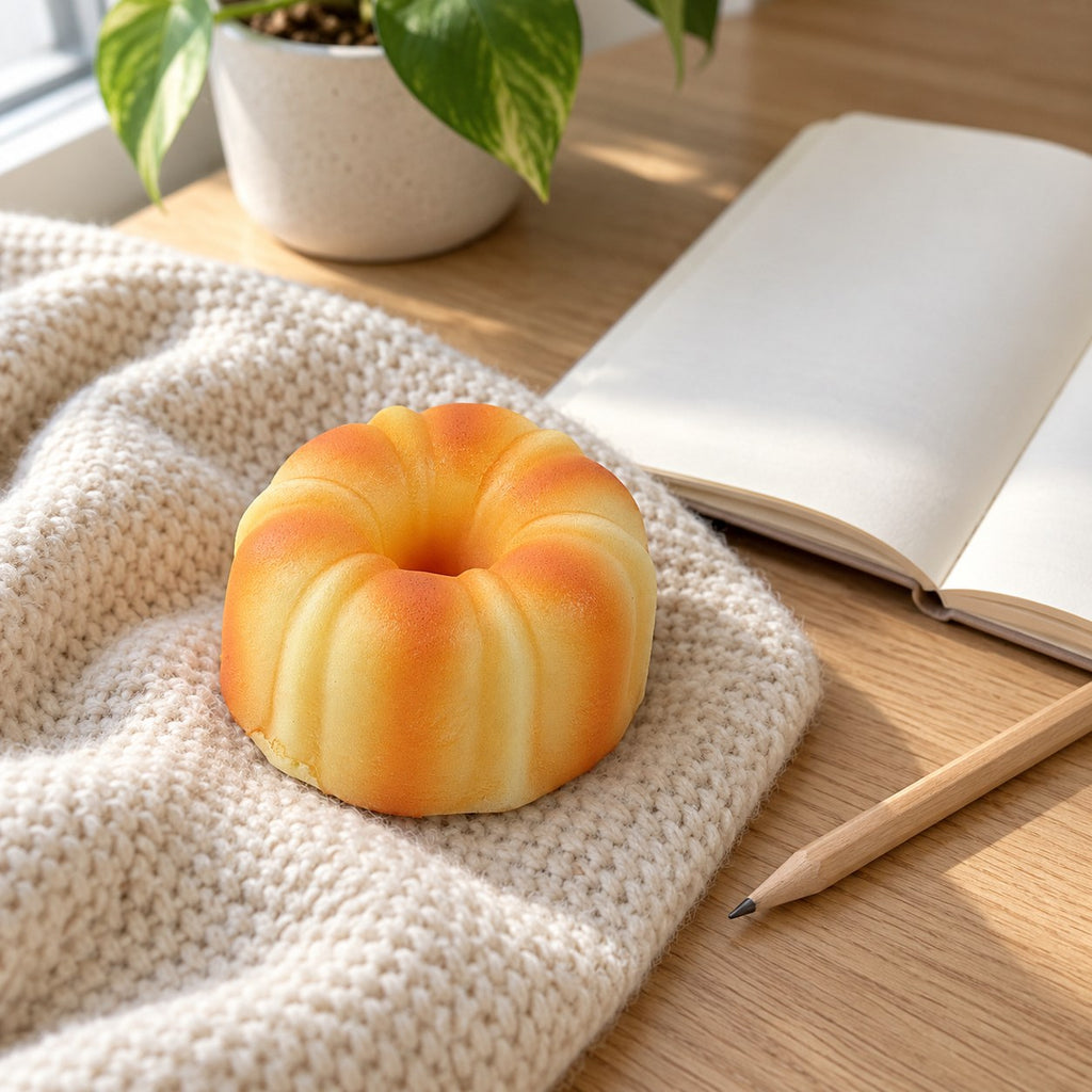 Canele squishy slow rising, on a desk with a notebook and pencil