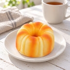 Canelé Squishy, French Pastry 9 cm, on a plate on a breakfast table