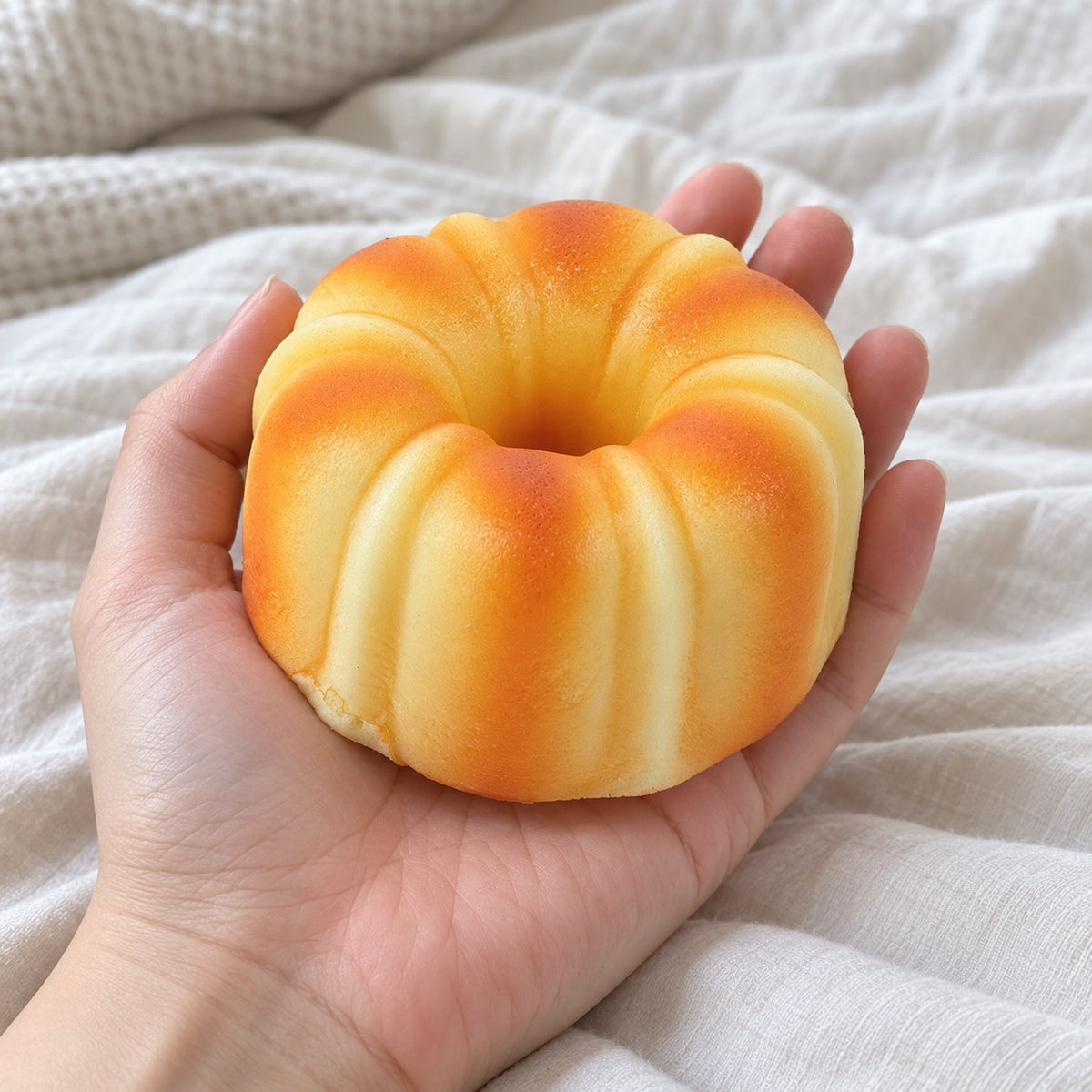 Canele squishy slow rising, held toward the camera, first-person view