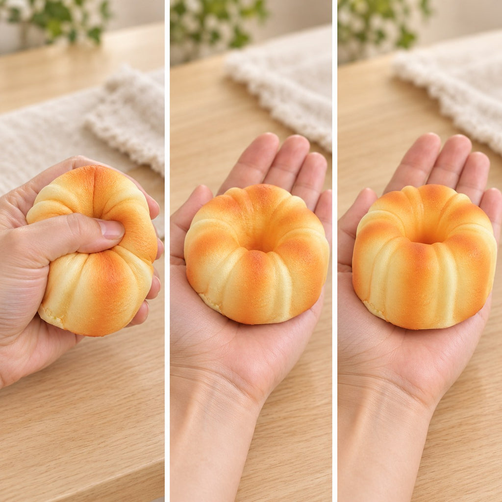 Canele squishy, squished flat, half risen and fully back in shape