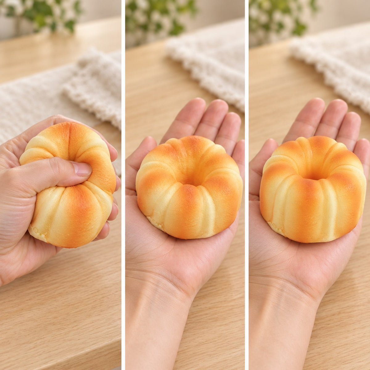 Canele squishy, squished flat, half risen and fully back in shape