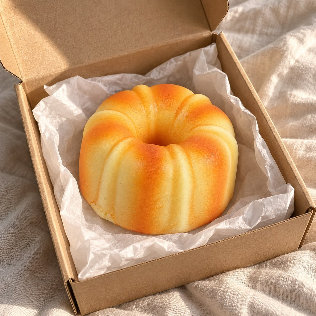Canele squishy, unboxed from a parcel with tissue paper