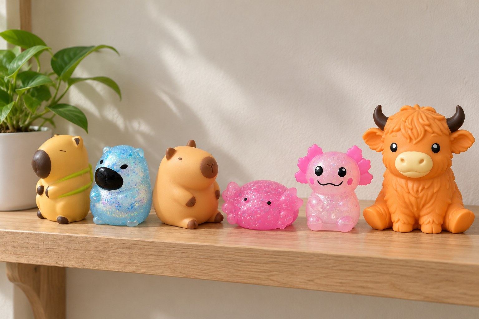 Squishies med capybara, axolotl og højlandsko på række på en lys træhylde