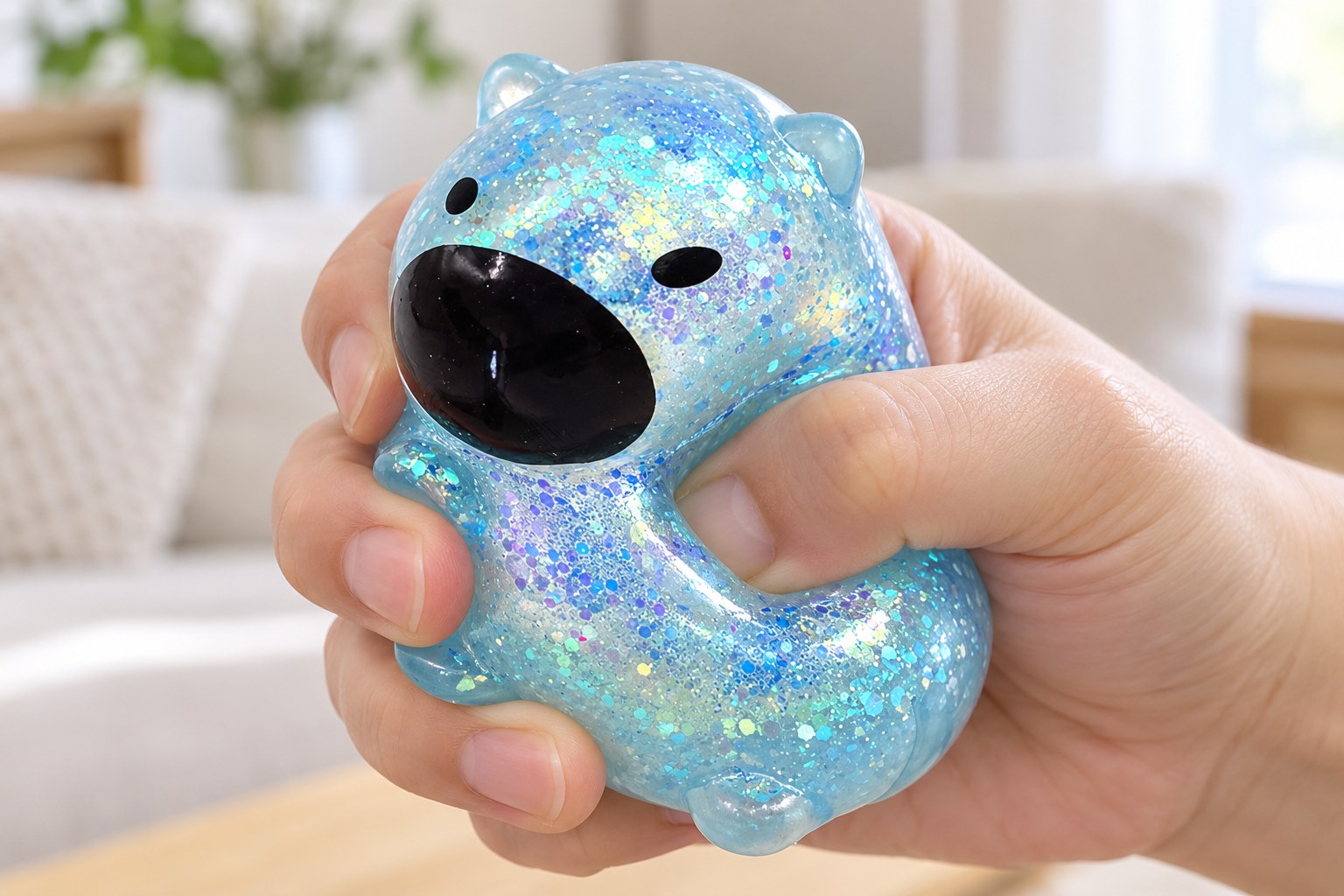 Hand squeezing a light blue glitter capybara squishy, the soft body dents under the fingers