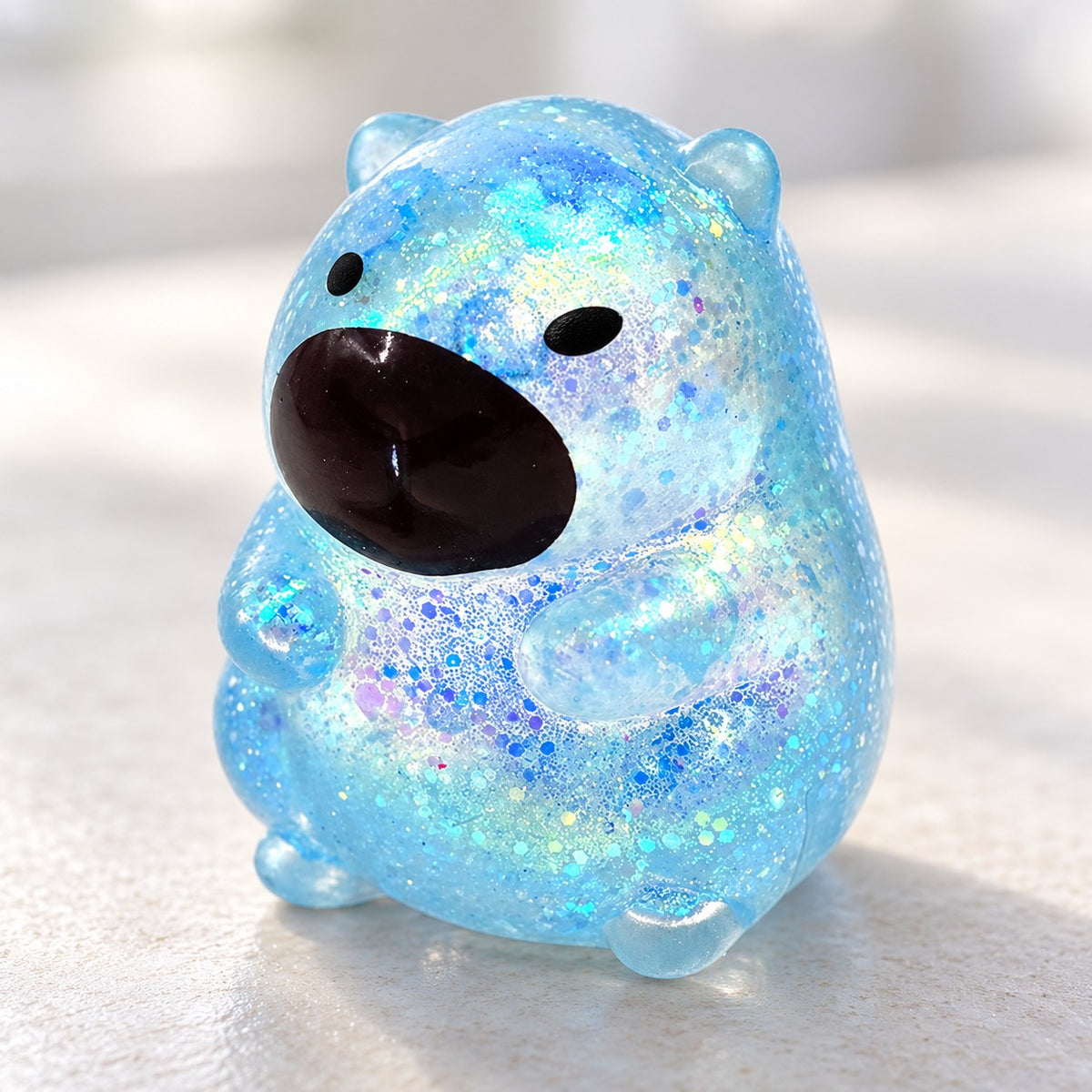 Capybara squishy with glitter (blue), close-up of the glitter
