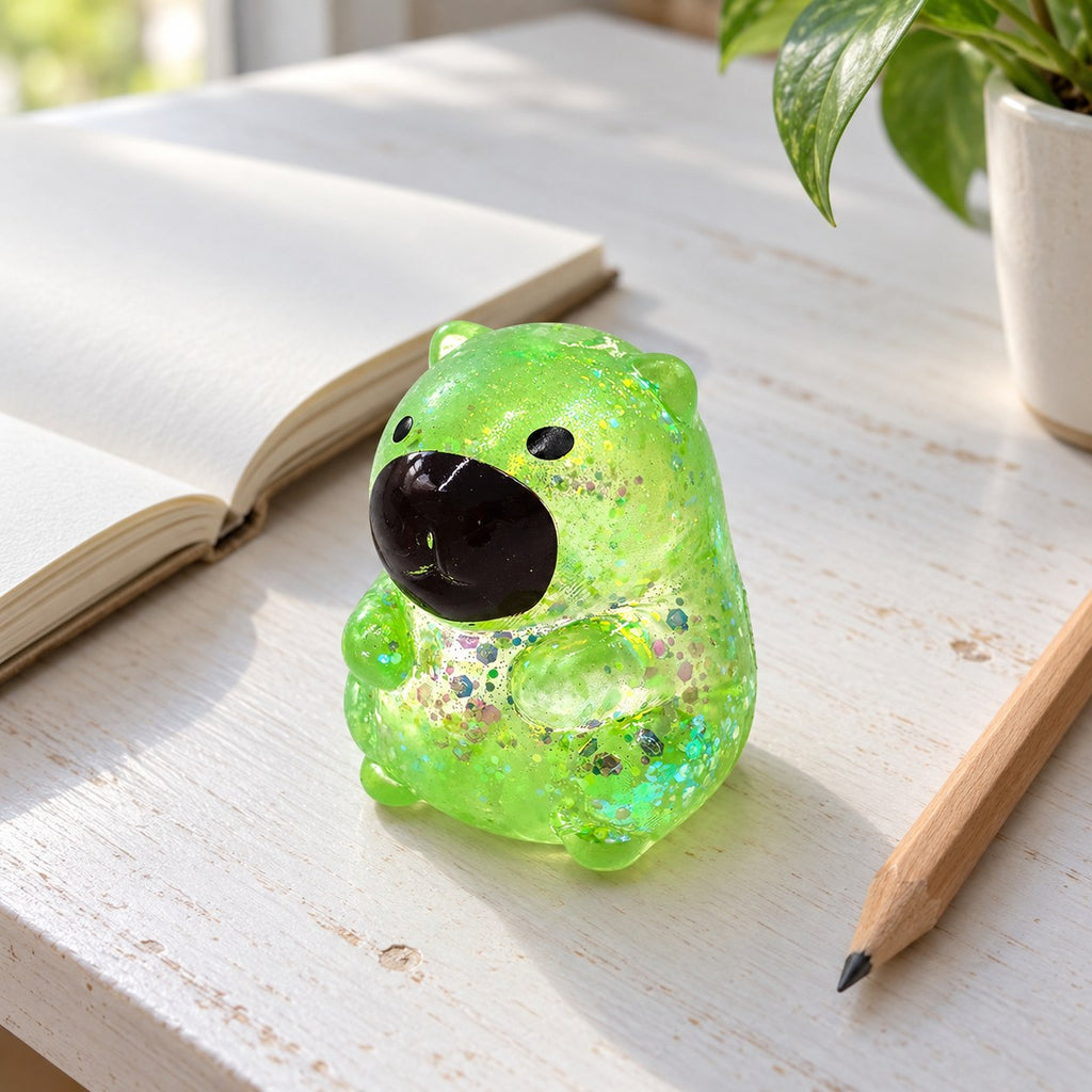 Capybara squishy stretchy (green), on a desk with a notebook and pencil